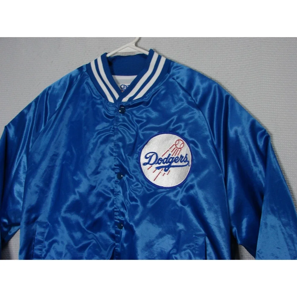 Vtg Chalk Line Los Angeles Dodgers MLB Blue Satin Snap Front Bomber Jacket Sz XL